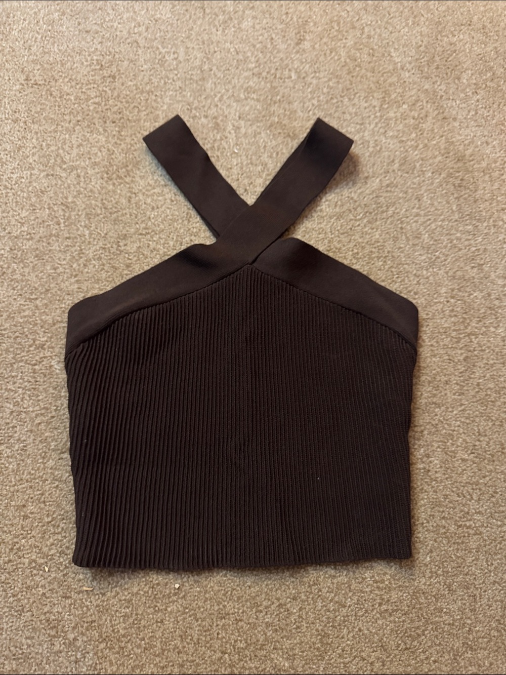 Babaton Cross-Strap Brown Ribbed Crop Top size medium
